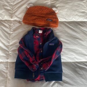 12 month fall bundle. Patagonia hat & vest, H&M flannel